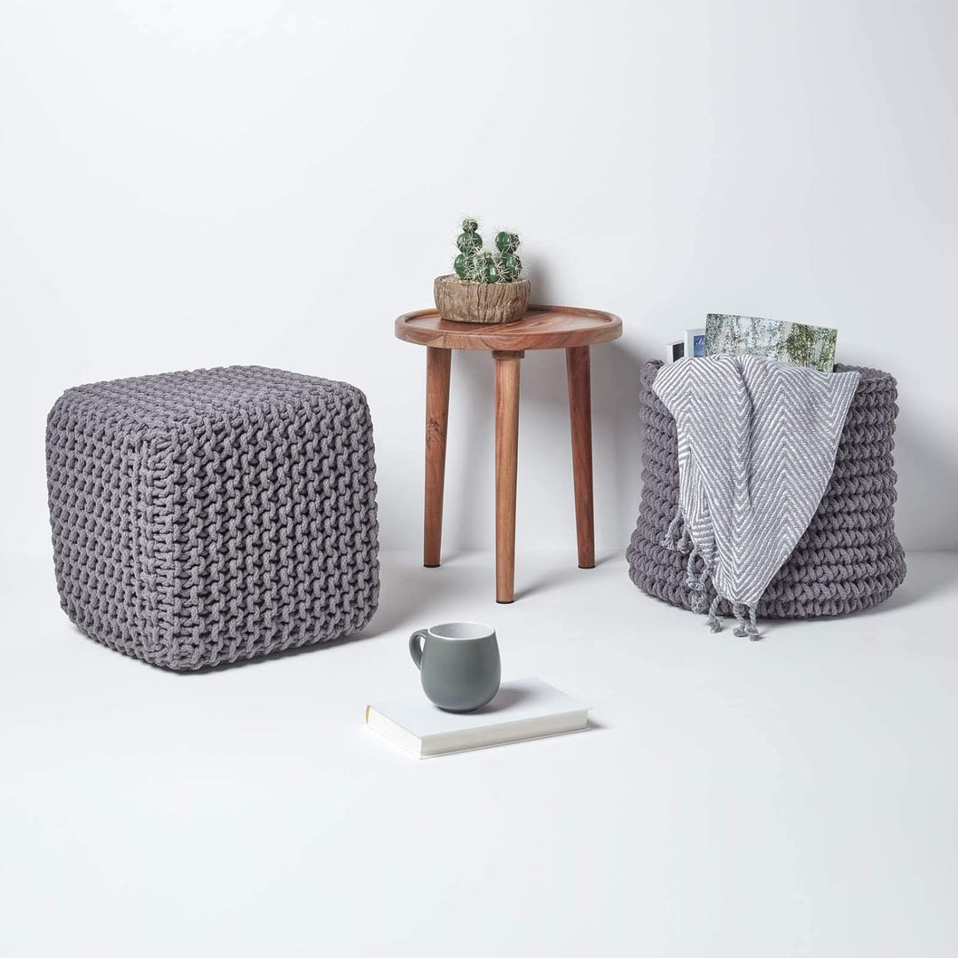 Homescapes Sitzhocker Sitzwürfel See grau 35 x 35 x 35 cm, Strick Pouf Fusshocker, grob gestrickter