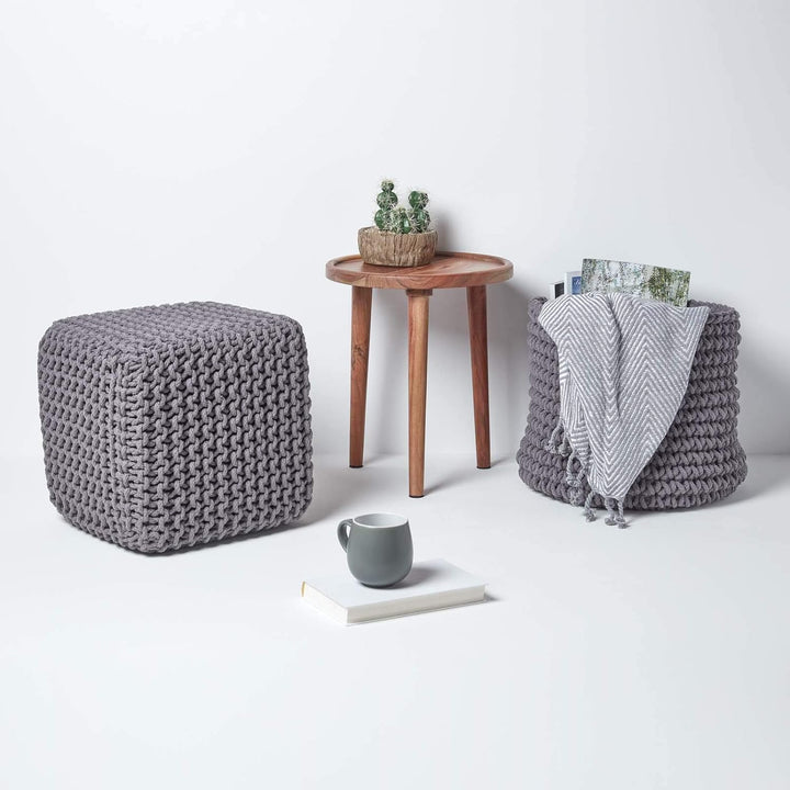 Homescapes Sitzhocker Sitzwürfel See grau 35 x 35 x 35 cm, Strick Pouf Fusshocker, grob gestrickter