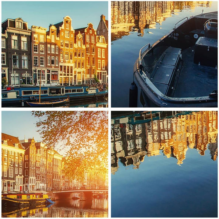 Bilder auf Glas Kanal Boot Amsterdam Wasser Glasbild 70x50cm Wandbilder Dekoration Wohnzimmer Schlaf