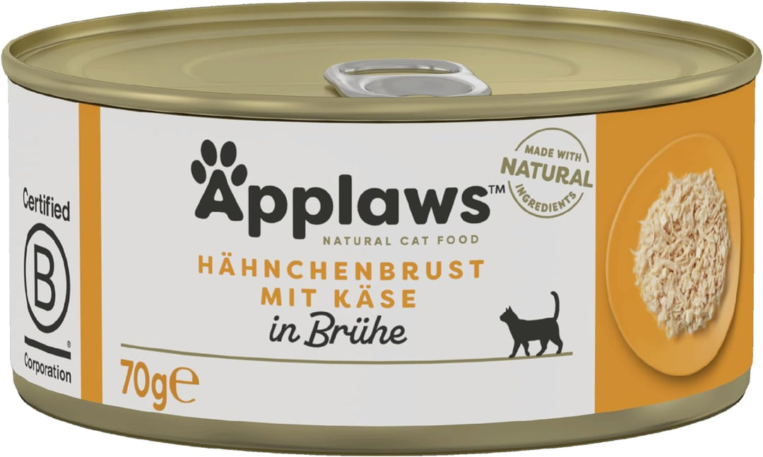 Applaws Premium Natural Katzenfutter Nass, Huhn mit Käse in Brühe 70g Dose (24x70g) Hähnchenbrust mi