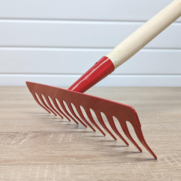 Garten Gerät Harke Rasen Boden Erde Rechen 12 Zinken Metall rot Gartenrechen 28 cm mit Holz Stiel, R