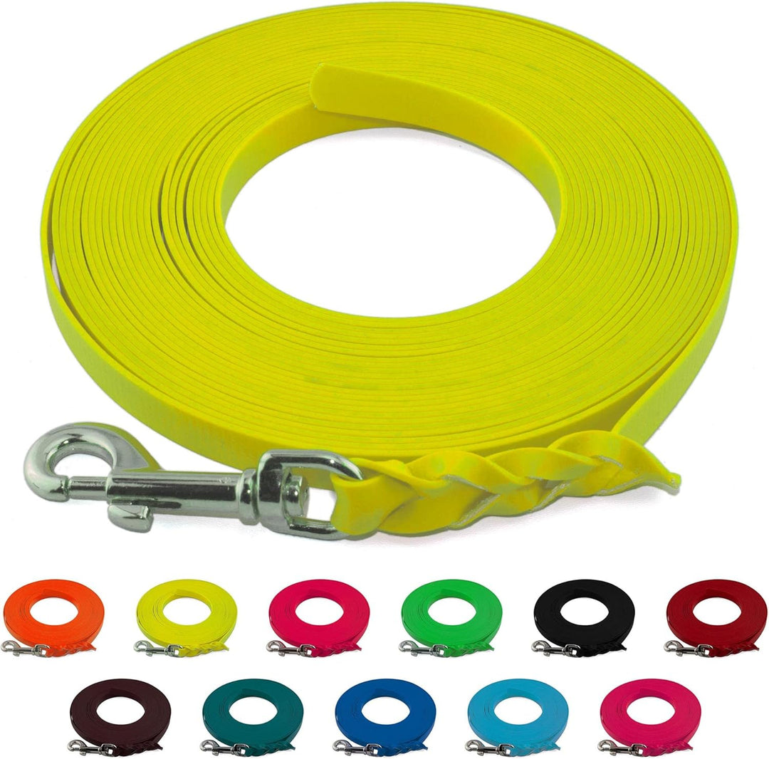 LENNIE Leichte BioThane Schleppleine, 13mm, Hunde 15-25kg, 2m lang, ohne Handschlaufe, Neon-Gelb, ge