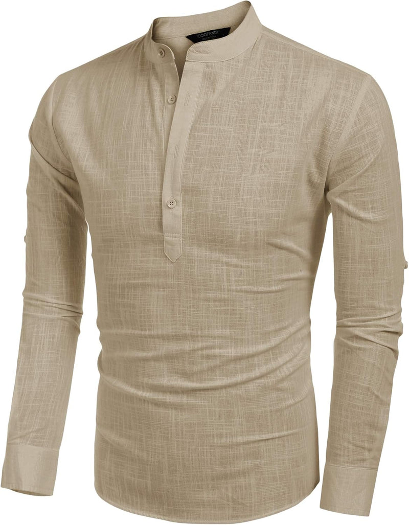 COOFANDY Herren Hemd Langarm Henley Shirt Leinenhemd Baumwolle Casual Regular Fit Sommerhemd M Khaki