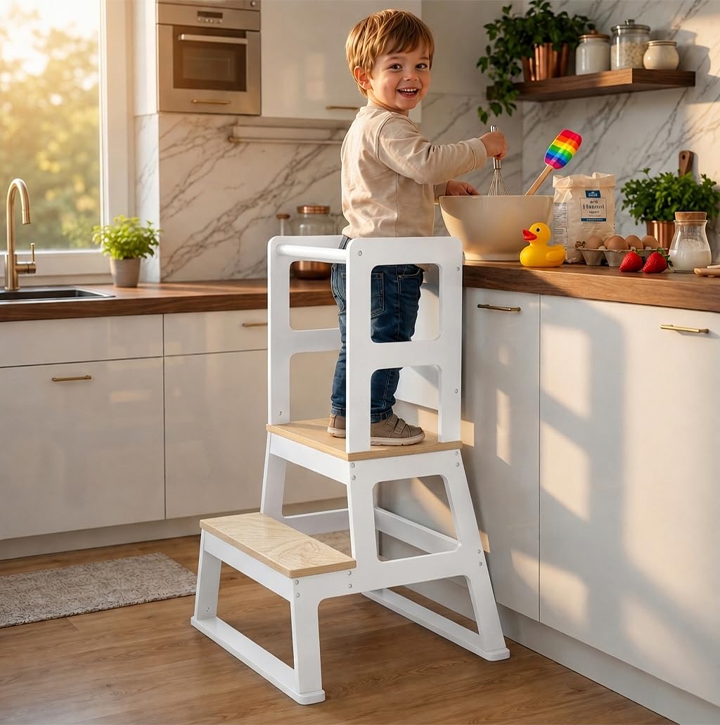 Baby Vivo Lernturm aus Holz - Tower Küche Kindermöbel Learning Tower - Schemel Lerntower für Kinder