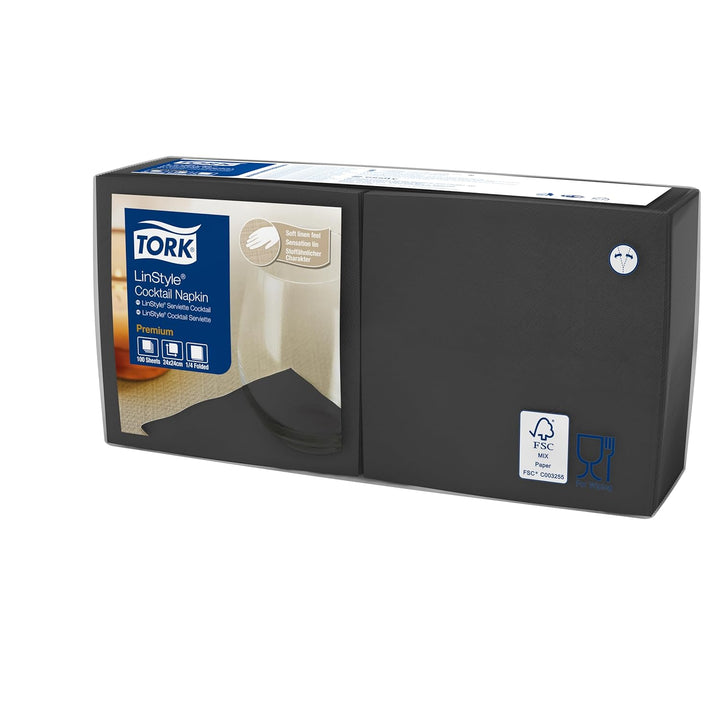 Tork LinStyle 509542 Cocktail Napkins Black, 1/4 Fold, 1-Ply, 23.8 x 23.8 cm, 1 x 100 Napkins, 100 N
