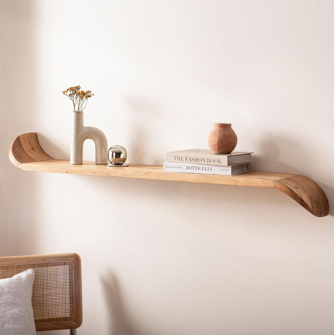 FineBuy Wandregal Mango Massivholz 120cm · Hängeregal mit geschwungenen Enden · Handgefertigtes Rega