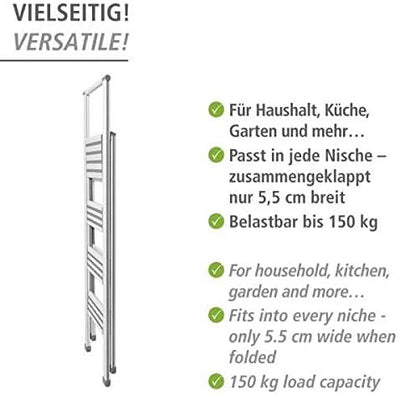 WENKO Leichte Aluminium Trittleiter mit 4 Stufen für 100 cm höheren Stand, rutschsichere XXL-Stufen,