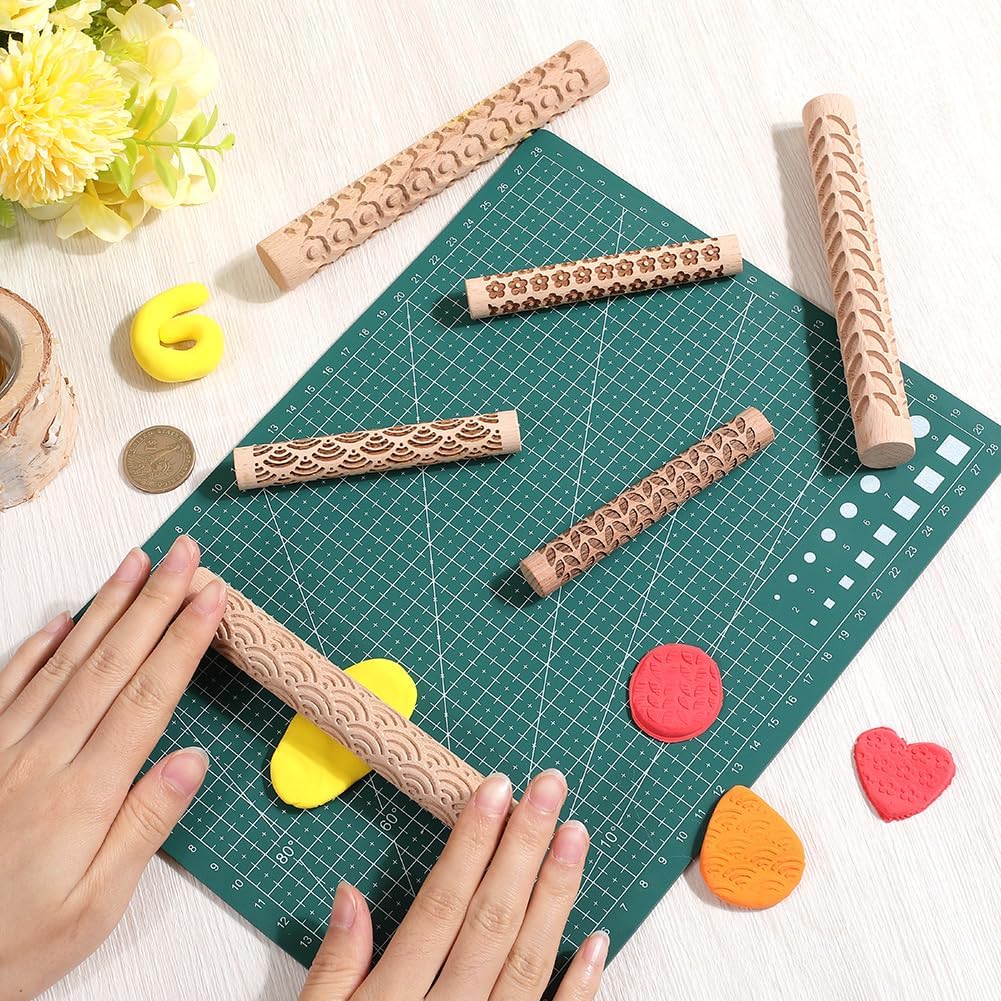 CREATCABIN 6er Set Mit Musterrollen Für Tonmodellierung 3 Stile Strukturierte Nudelhölzer Blumen Mee