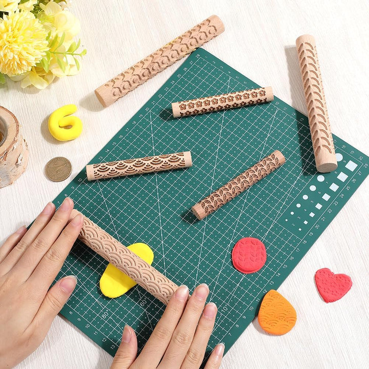 CREATCABIN 6er Set Mit Musterrollen Für Tonmodellierung 3 Stile Strukturierte Nudelhölzer Blumen Mee