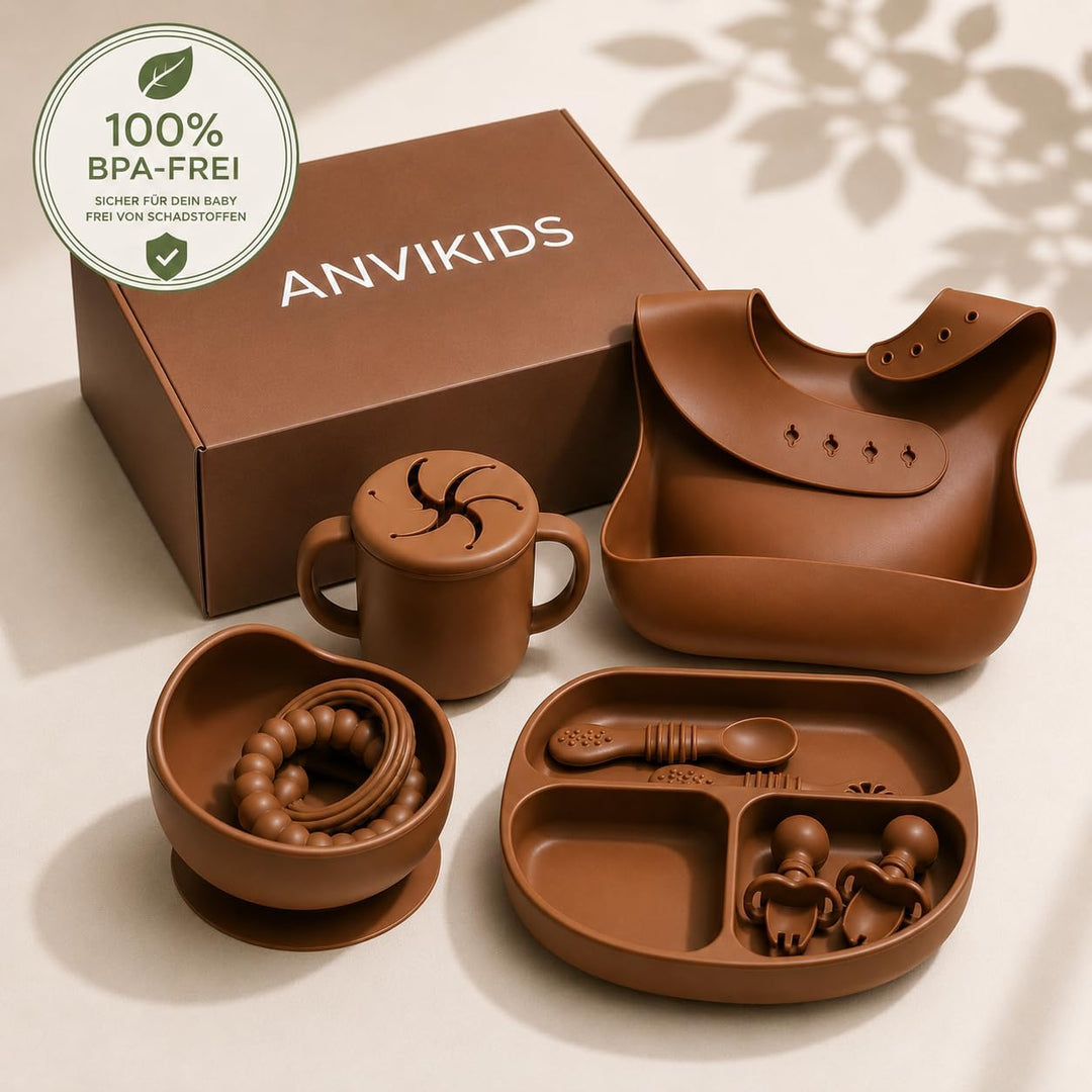 Baby Geschirr Set aus Silikon mit Saugnapf – Baby Geschenkbox mit Teller, Schale, Lätzchen, Snackbec