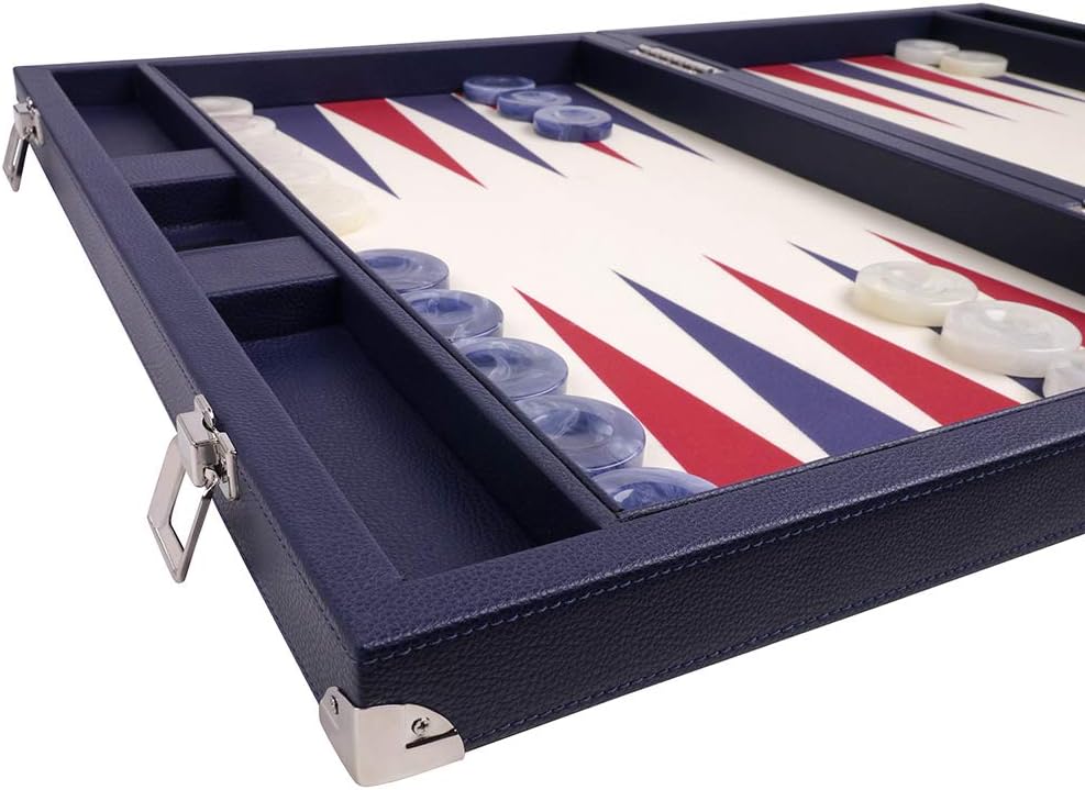 Wycliffe Brothers 53,3 cm Turnier Backgammon-Set - blauer Koffer mit Vanillefeld - Masters Edition
