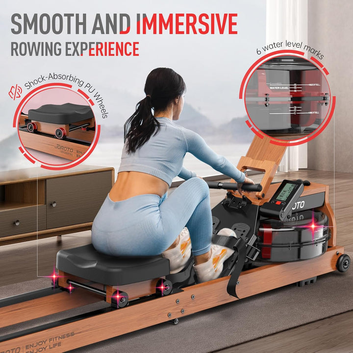 JOROTO Rudergerät für Zuhause aus Eiche, Rudergerät Wasser klappbar mit Bluetooth Display &30 Tage k
