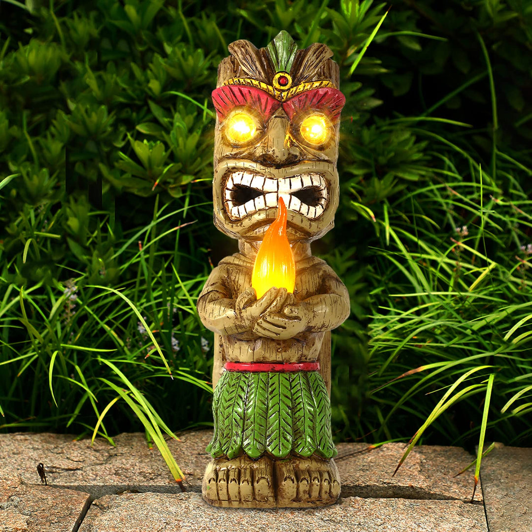 Solar Tiki Fackel Gartenstatue, Harz Tiki Dekor Figur mit solarbetriebenen Lichtern, hawaiianischer