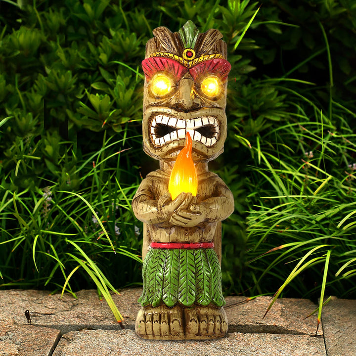 Solar Tiki Fackel Gartenstatue, Harz Tiki Dekor Figur mit solarbetriebenen Lichtern, hawaiianischer
