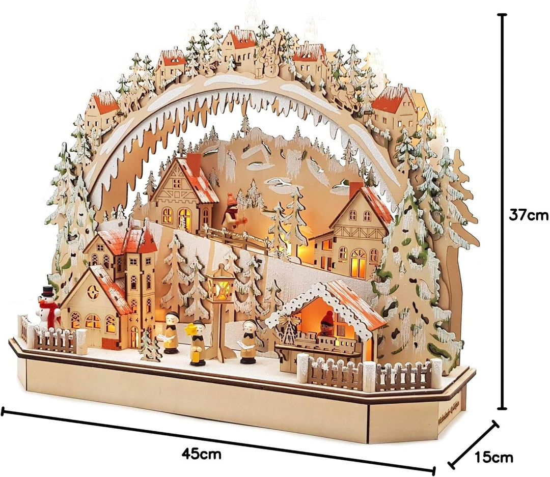 Wichtelstube-Kollektion Holzkunst LED Schwibbogen Bergdorf Erzgebirge Schwippbogen Lichterbogen Echt
