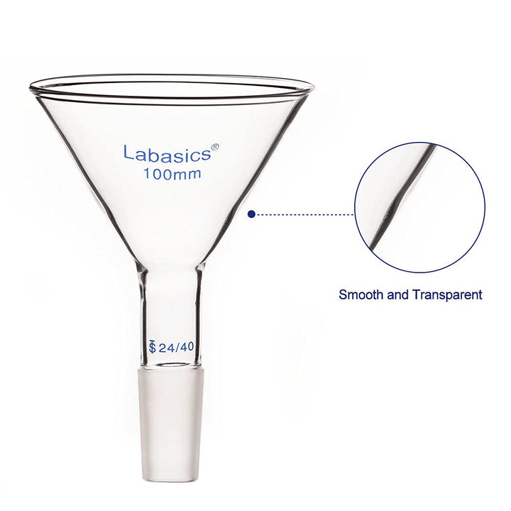 Labasics Pulvertrichter aus Glas mit Kurzem Stiel und 100 mm Spitze O.D. und 24/40 Inner Joint Glass