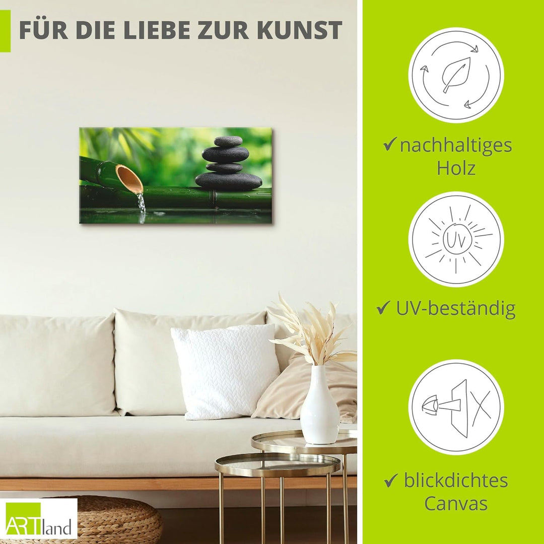 ARTland Leinwandbilder Wandbild Bild auf Leinwand 100x50 cm Wellness Zen Stein Fotografie Grün Bambu