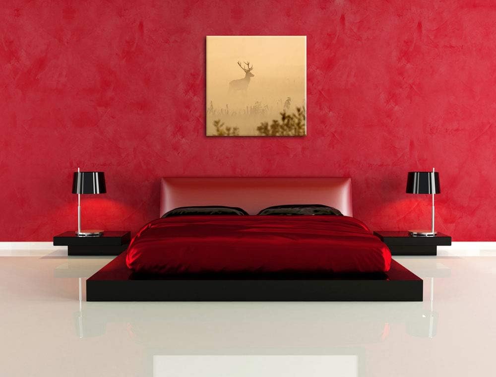 Pixxprint Hirsch im Nebel, Format: 70x70 auf Leinwand, XXL riesige Bilder fertig gerahmt mit Keilrah