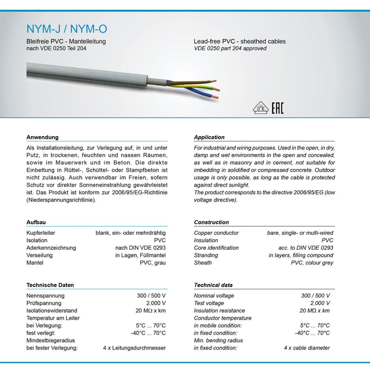 M&G Techno 40m NYM-J 5x2,5 mm² Mantelleitung Feuchtraumkabel Elektrokabel Kupfer Made in Germany, 40