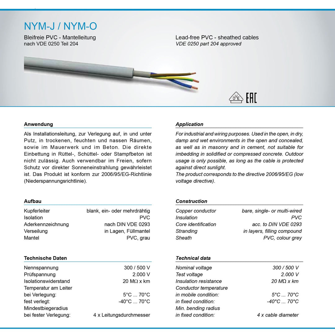 M&G Techno 90m NYM-J 3x1,5 mm² Mantelleitung Feuchtraumkabel Elektrokabel Kupfer Made in Germany, 10