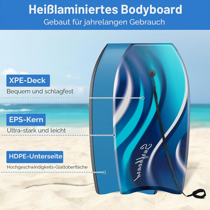 HOMASIS Leichtes Surfbrett, Bodyboard mit XPE-Brücke, Wellenbrett aus EPS-Schaumkern, Halbmond-Basis