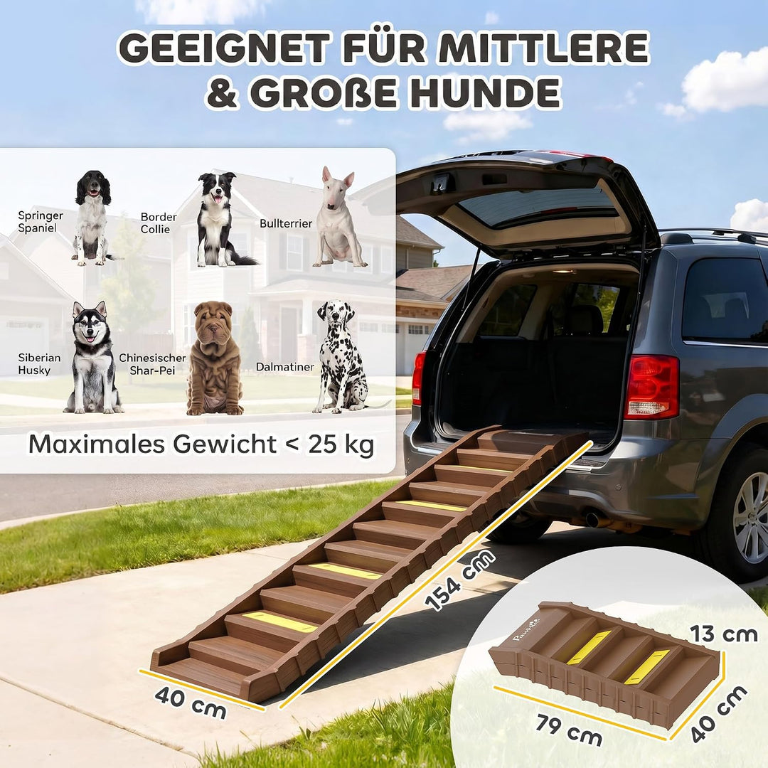 PawHut Hunderampe Klappbar rutschfest für Auto &amp; SUV 154x40cm Braun | Hundetreppe mit 10 Stufen Ruts