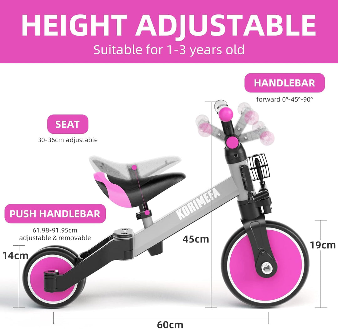 KORIMEFA 4 in 1 Laufräder Laufrad Kinderdreirad Dreirad Lauffahrrad Lauflernhilfe mit Schubstange fü