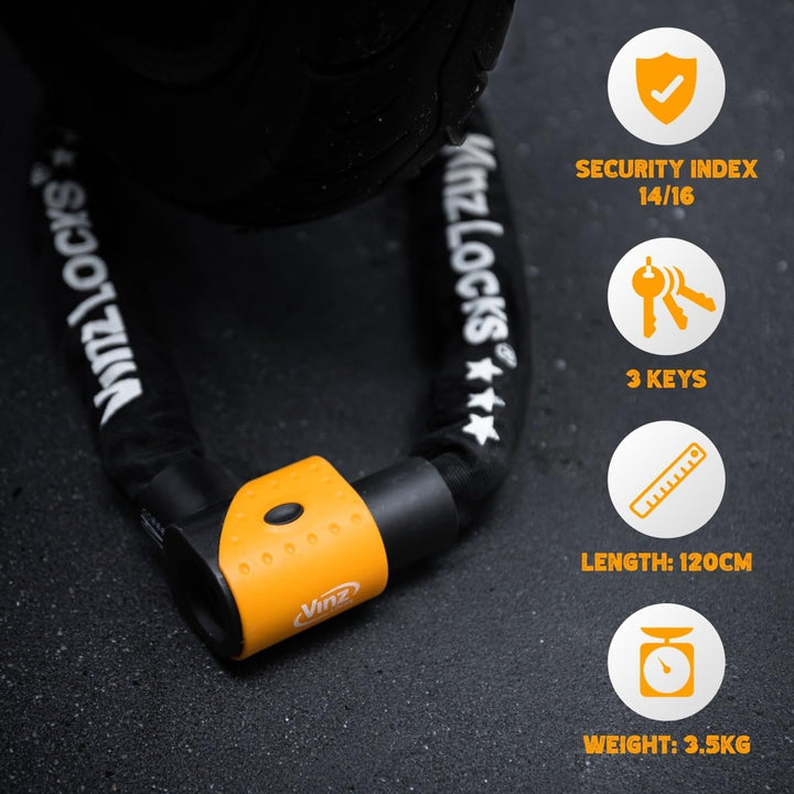 VINZ Jannu Kettenschloss ø10mm | ART 3 Zertifikat | Schloss für Roller E-Scooter Motorrad Moped E-Bi