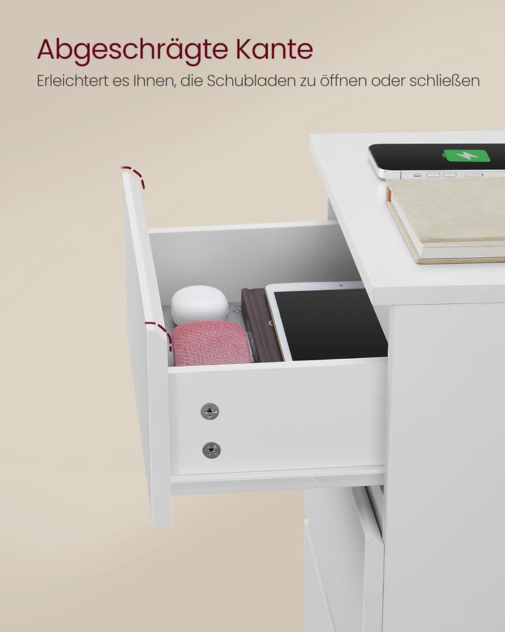 VASAGLE Kailyn Kollektion - Nachttisch mit Steckdosenleiste, 2er Set, Beistelltisch, 3 Schubladen, 2