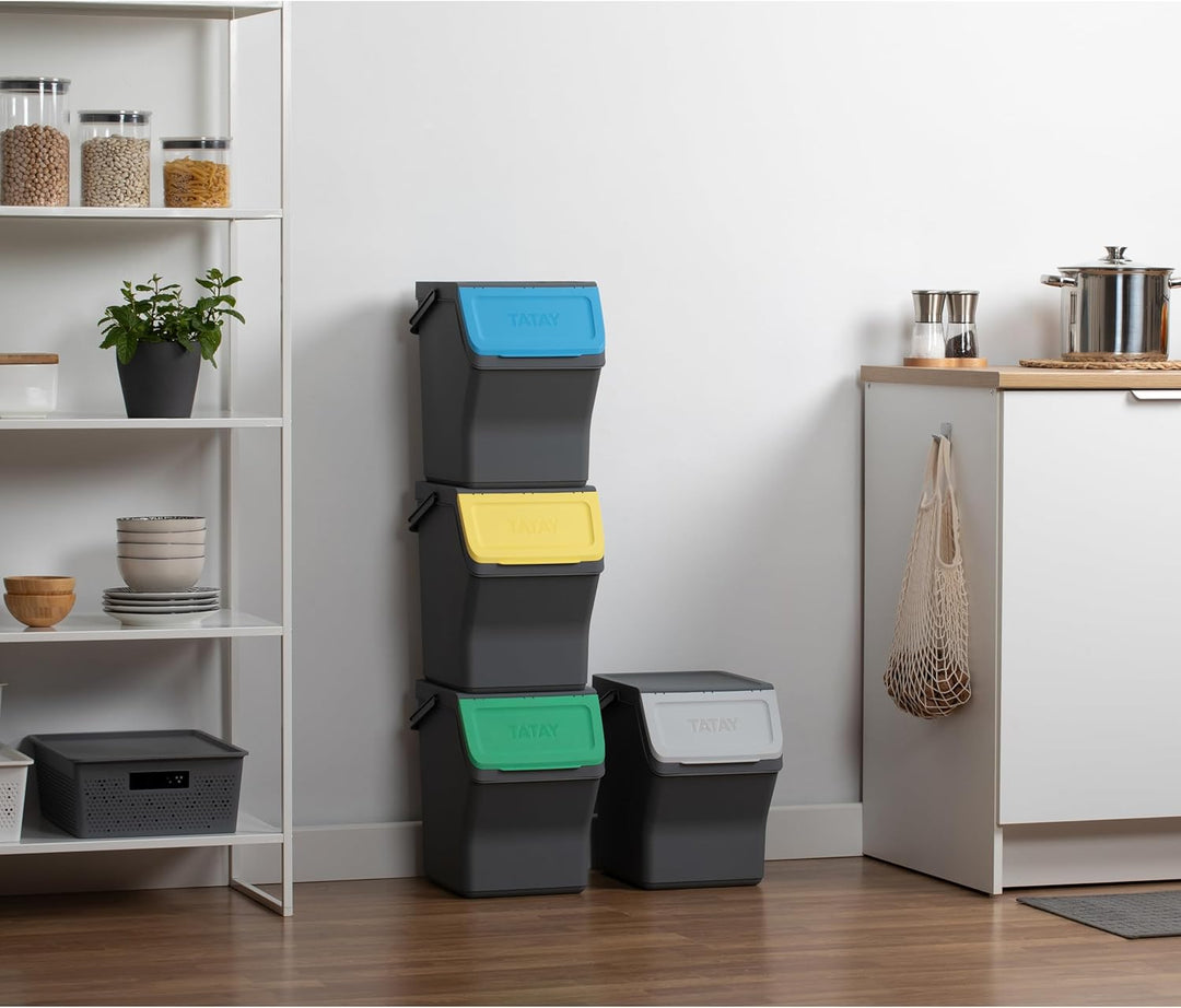 TATAY Mülltrennsystem Easy Waste 20L | 4er Set Recycling Behälter | Modular und Stapelbar | Deckel m