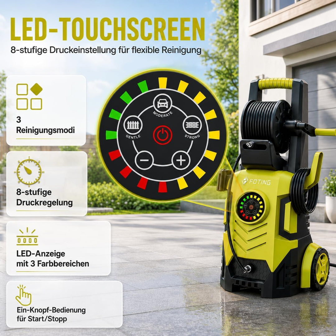 Hochdruckreiniger 200 Bar, Touchscreen 8-stufiger, 6-in-1-Düse, Druck: 100-200bar, Fördermenge: 280-