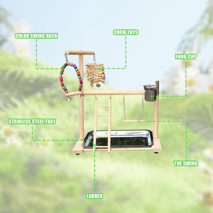 Vogel Spielplatz, Holz Wellensittich Spielplatz Freisitz mit 2 Edelstahl Feeder-Cup Spielzeug Leiter