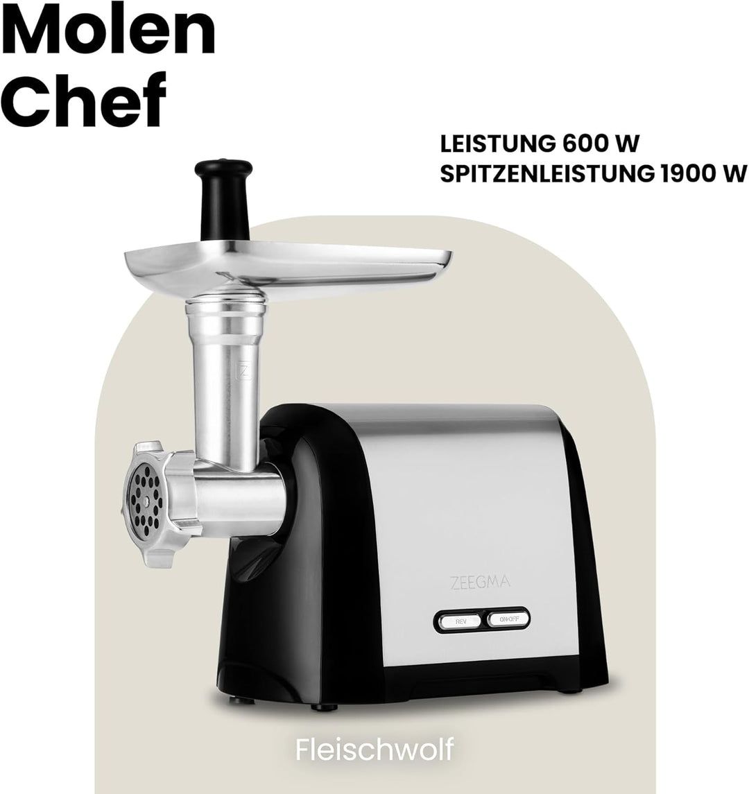 ZEEGMA Molen Chef Elektrischer Fleischwolf, 1900 W mit 3 Schleifplatten aus Edelstahl, 3 kg/min, Wur