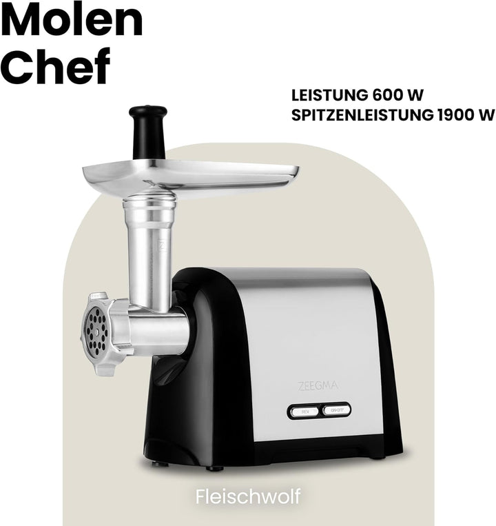 ZEEGMA Molen Chef Elektrischer Fleischwolf, 1900 W mit 3 Schleifplatten aus Edelstahl, 3 kg/min, Wur