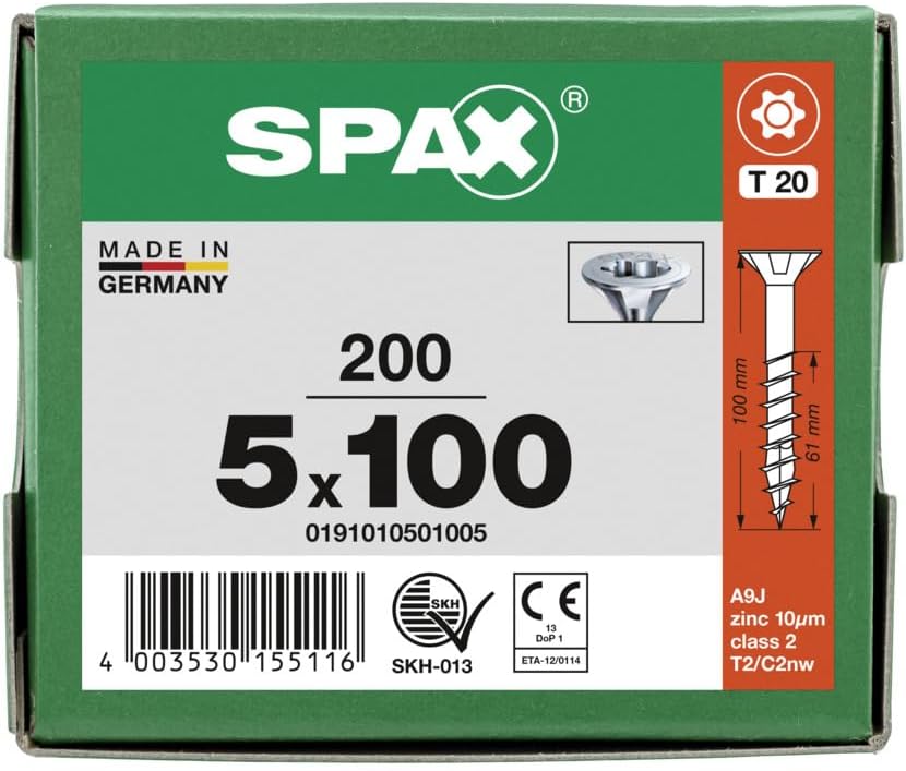 SPAX Universalschraube, 5,0 x 100 mm, 200 Stück, T-STAR plus, Senkkopf, Teilgewinde, 4CUT, WIROX A3J
