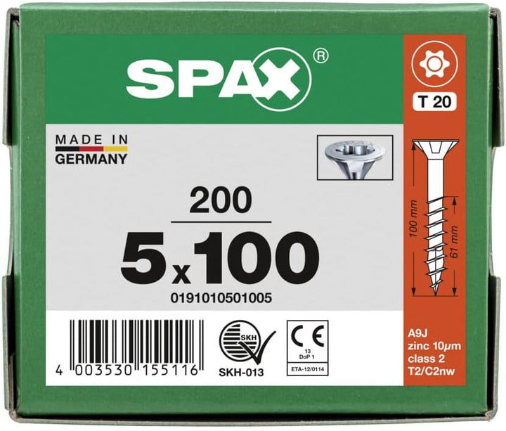 SPAX Universalschraube, 5,0 x 100 mm, 200 Stück, T-STAR plus, Senkkopf, Teilgewinde, 4CUT, WIROX A3J