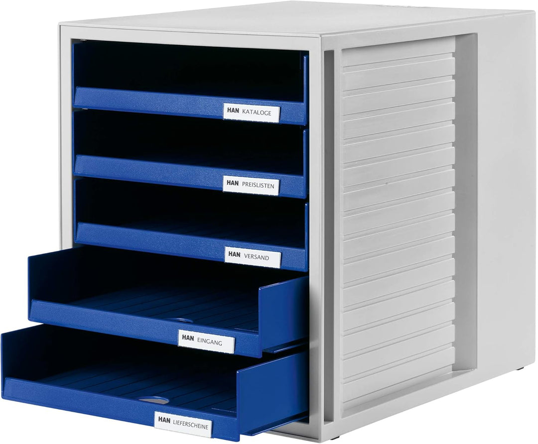 HAN Schubladenbox SCHRANK-SET mit 5 offenen Schubladen für Unterlagen bis DIN C4, auf dem Schreibtis