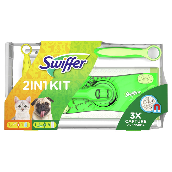 Swiffer 2in1 Kit, 1 Bodenwischer + 8 Trockene Bodentücher Und 1 Staubmagnet + 1 Tuch, Ideal Für Tier