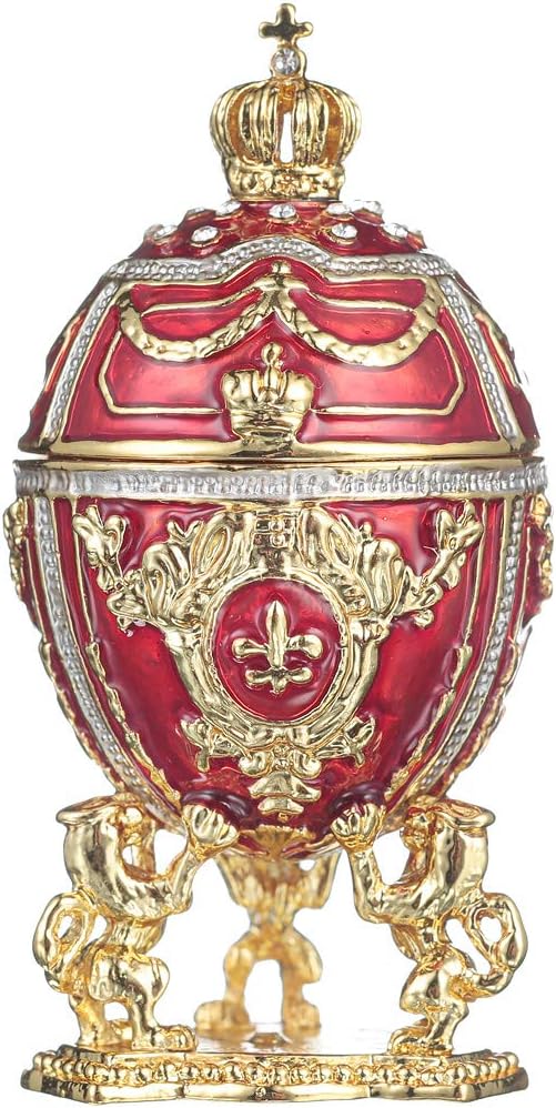 Fabergé-Stil Ei/Schmuckkästchen mit Löwen & Kaiserkrone 7,5 cm rot