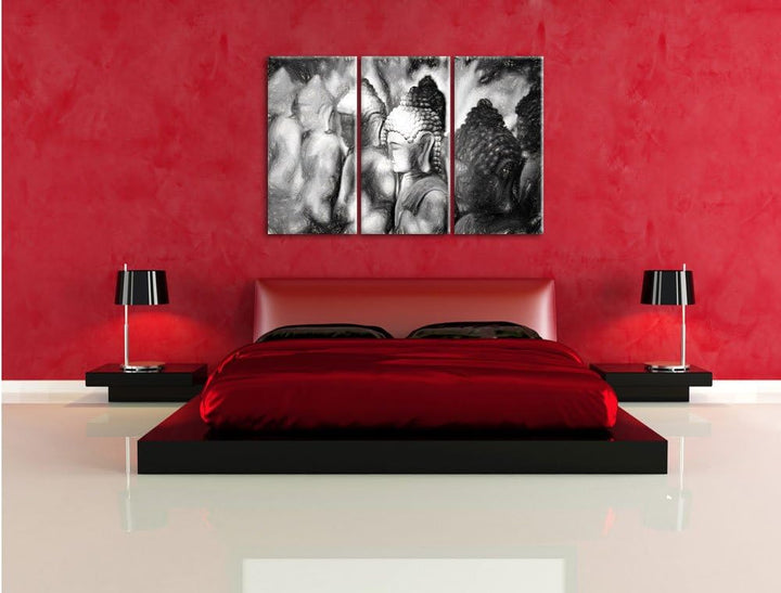 Pixxprint Buddha-Statuen in Einer Reihe / 3-Teilig/Gesamtmass 120cm Leinwandbild bespannt auf Holzra