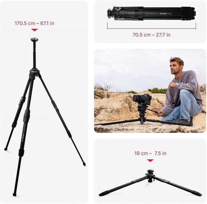 Manfrotto ONE Hybrid Aluminium Stativ, Foto & Video Stativ, 15kg Traglast, Nivelliersäule, 90° Horiz