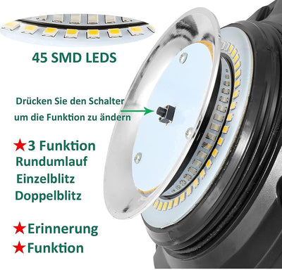 AGRISHOP 12V/24V LED Rundumleuchte Blitzleuchte Mit Magnetfuss,LED Rundumleuchte Gelb Warnleucht，45L