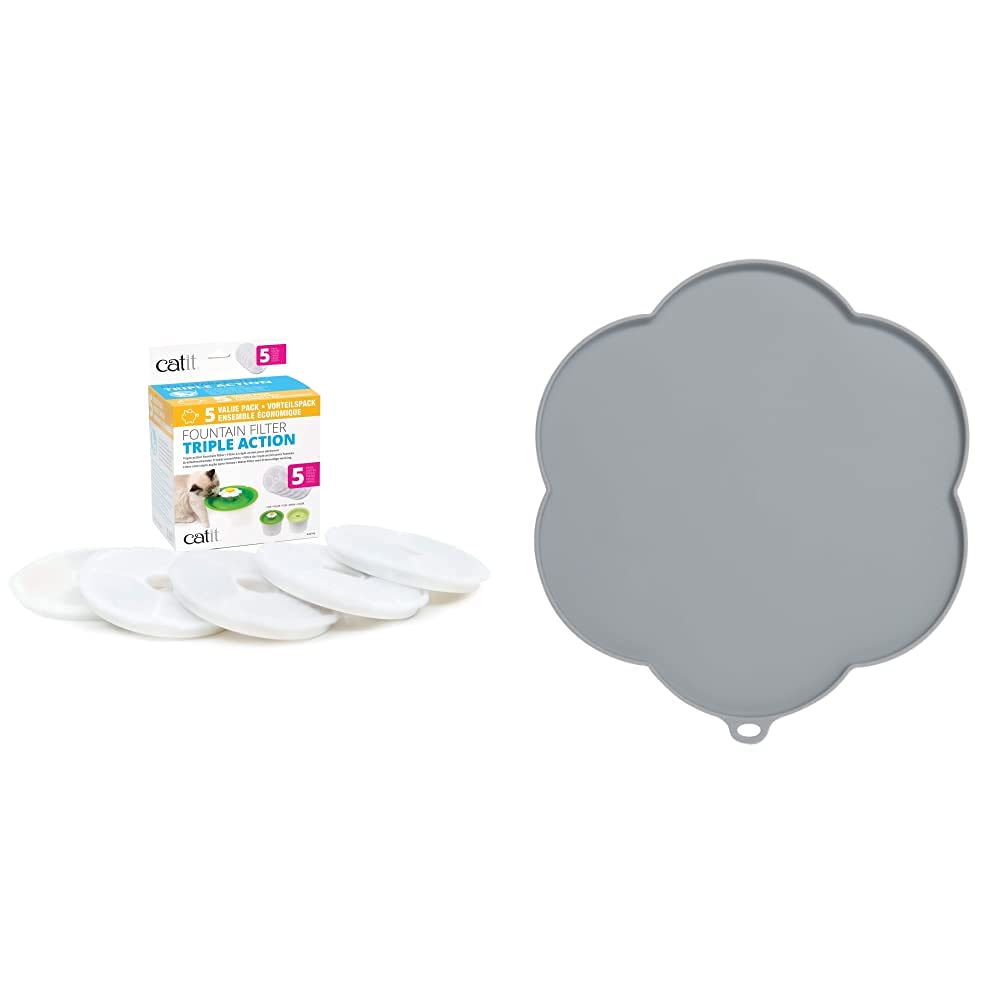 Catit Triple Action Filter, 3fach wirksamer Ersatzfilter, Trinkbrunnenfilter, 5er Pack &amp; Silikonmatt
