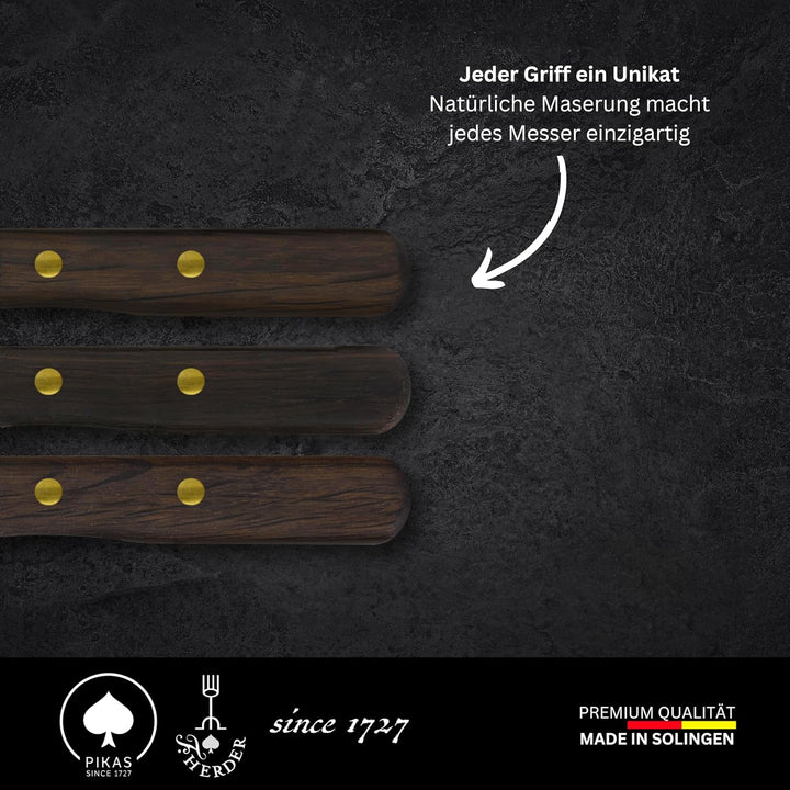Solingen Messer, 4er Set Räuchereiche Holzgriff, Wellenschliff, Premium Buckelmesser, Klinge rostfre