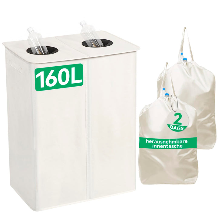 WOWLIVE Pfandflaschen Sammelbehälter 160L wit 2 fächer & 2 Tragetasche,Flaschensammler mit Loch Küch