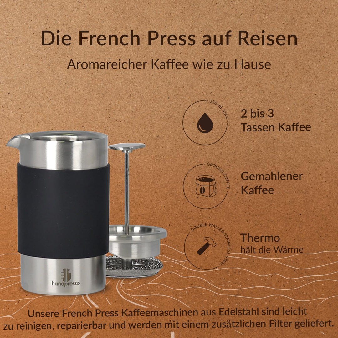 Handpresso - Travel Press mit Tasche | 0,35 Liter (2-3 Tassen) | French Press Edelstahl | Kaffeepres