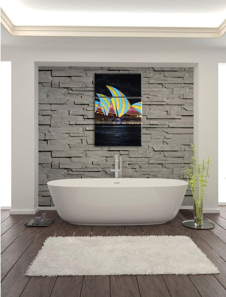 Pixxprint Sydney Opera House blau gelbe Streifen 3-Teiler Leinwandbild 120x80 Bild auf Leinwand