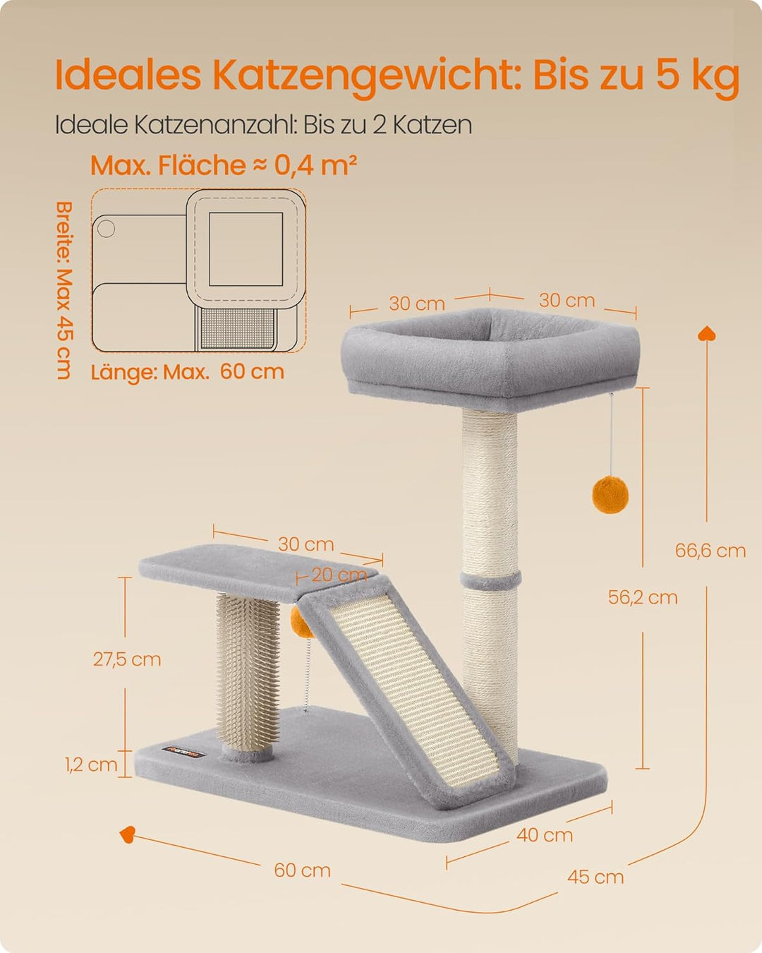 Feandrea Kratzbaum mit Liegefläche, multifunktionaler Katzenbaum mit Plattform, drehbare Rampe, Katz
