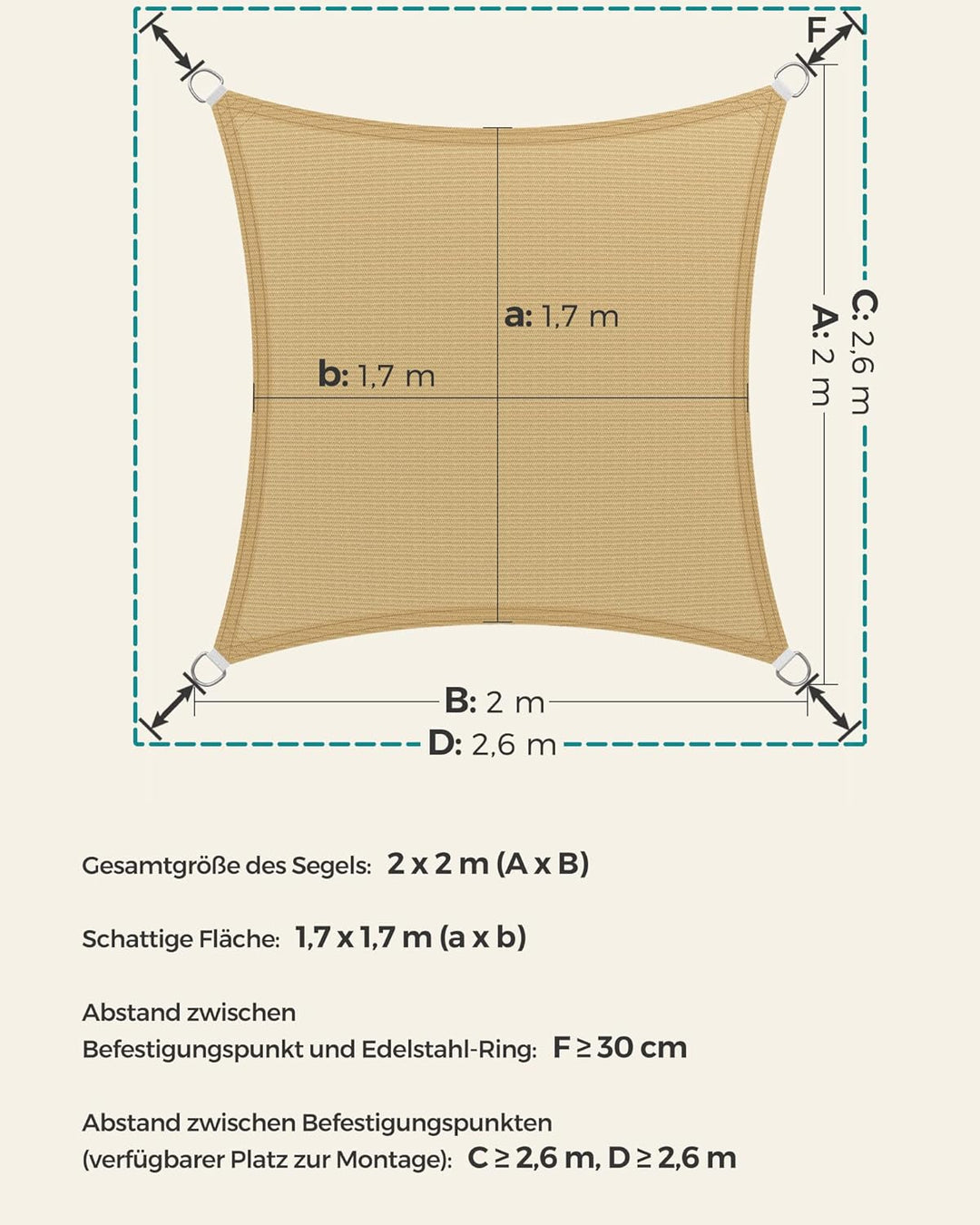 SONGMICS Sonnensegel 2 x 2 m, Sonnenschutz aus HDPE-Gewebe, luftdurchlässig, wasserdurchlässig, für