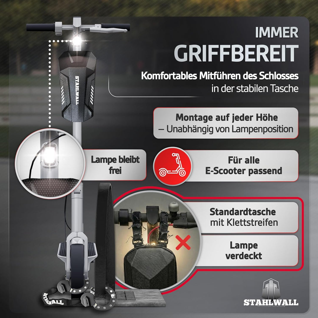 E Scooter Schloss mit Tasche - maximale Sicherheit, feuergehärteter Stahl, Handschellenschloss für E